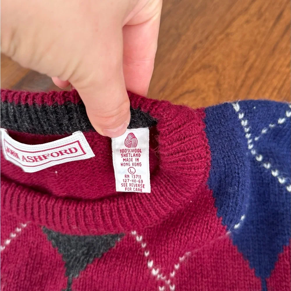 New John Ashford %100 wool crew neck sweater with argyle design size L - Picture 6 of 11